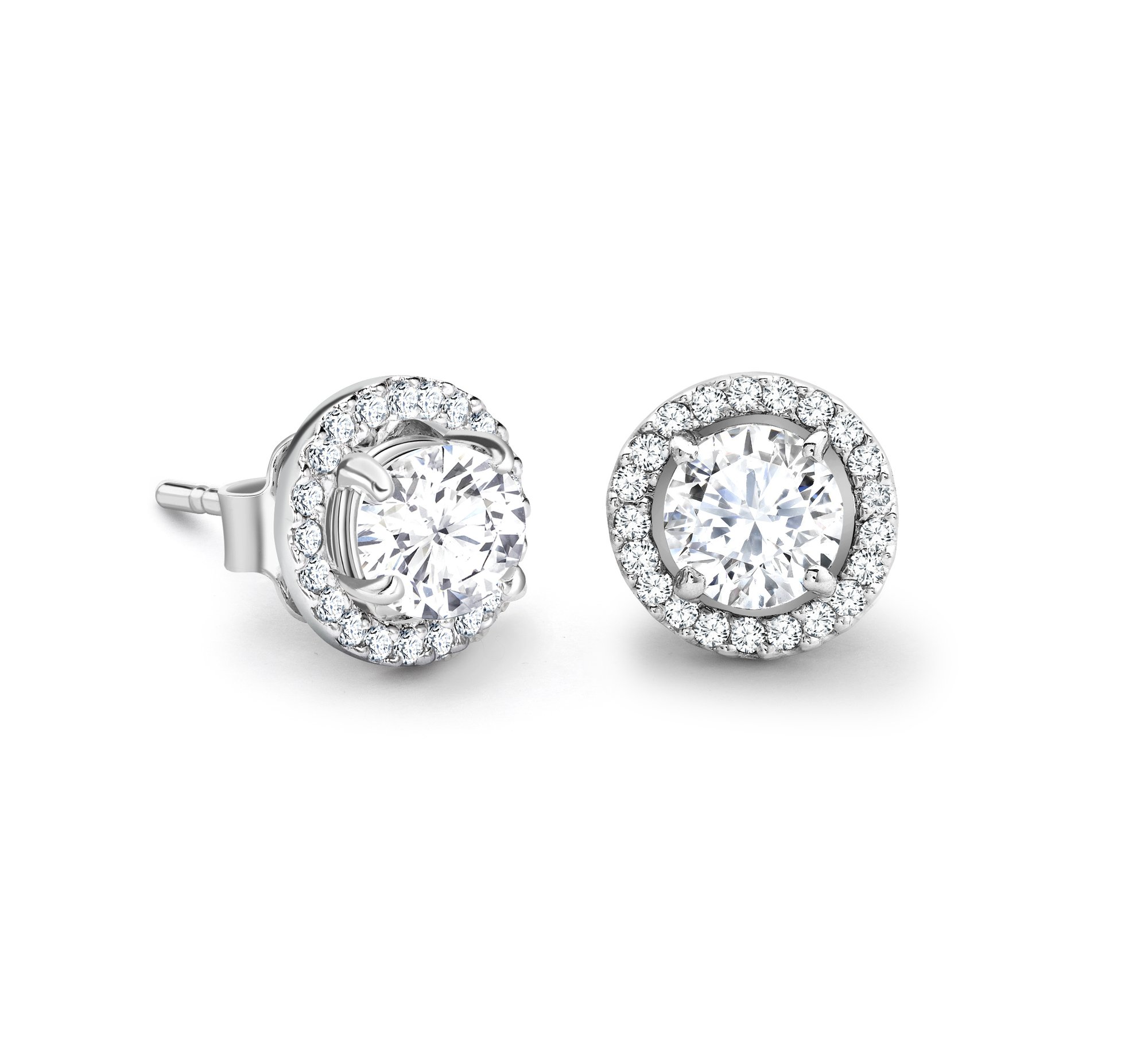 Diamond Solitaire earrings with cluster Halo surrounds in white gold.