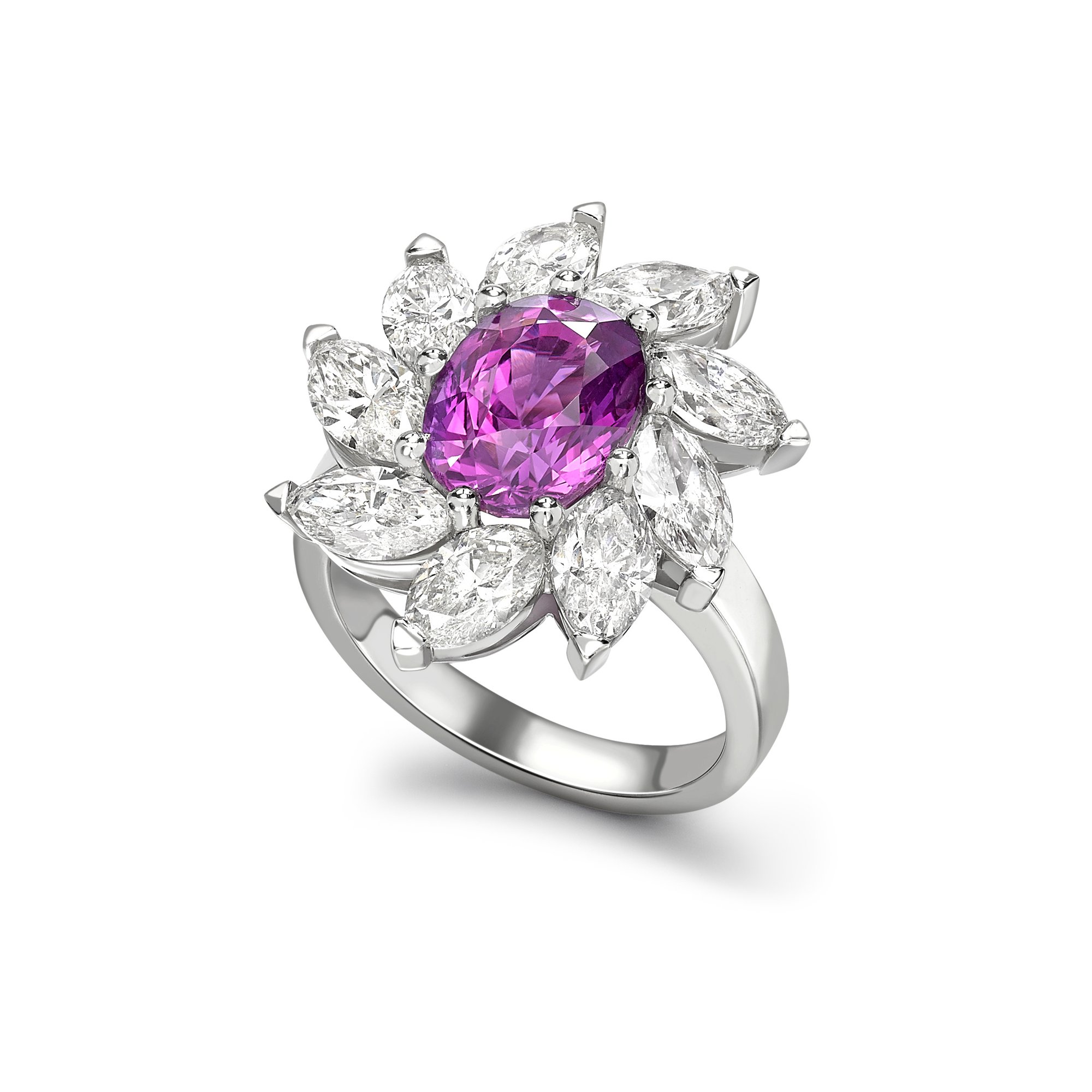 Pink Sapphire and Diamond Ciocktail ring with Marquise diamonds in Platinum